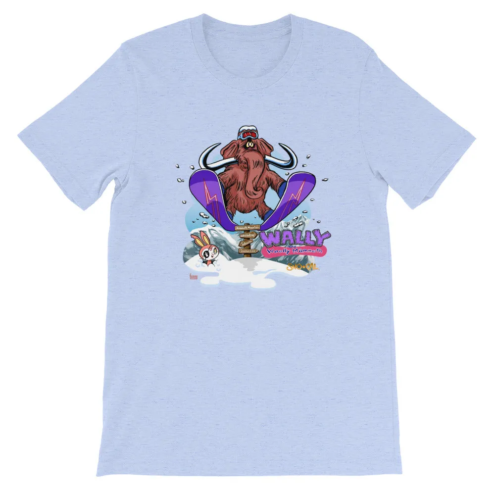Wally launching over Mammoth sign shirt