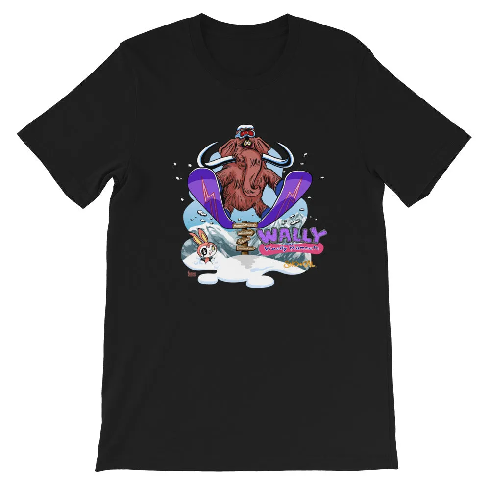 Wally launching over Mammoth sign shirt