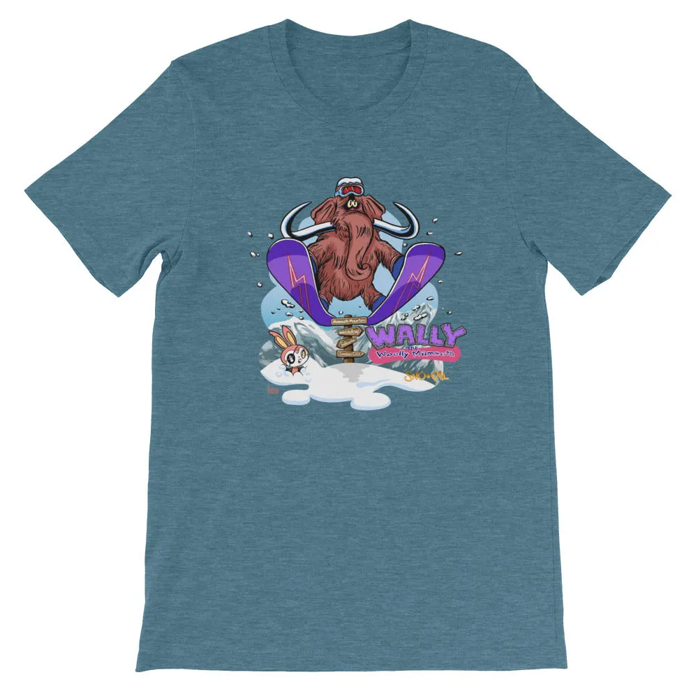 Wally launching over Mammoth sign shirt