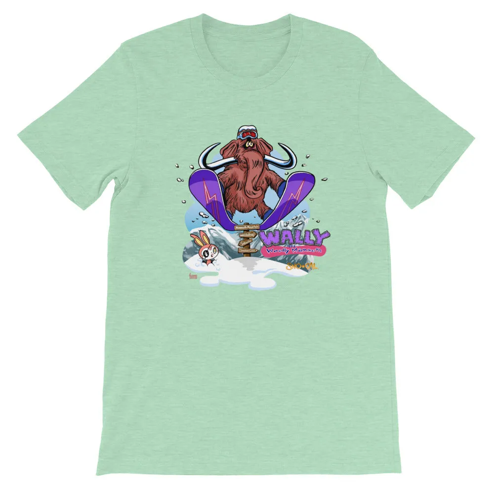 Wally launching over Mammoth sign shirt