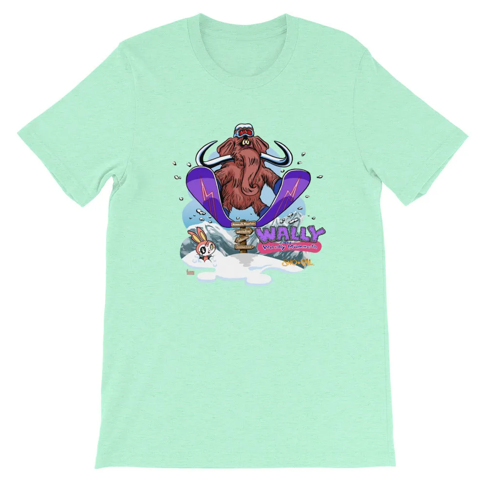Wally launching over Mammoth sign shirt