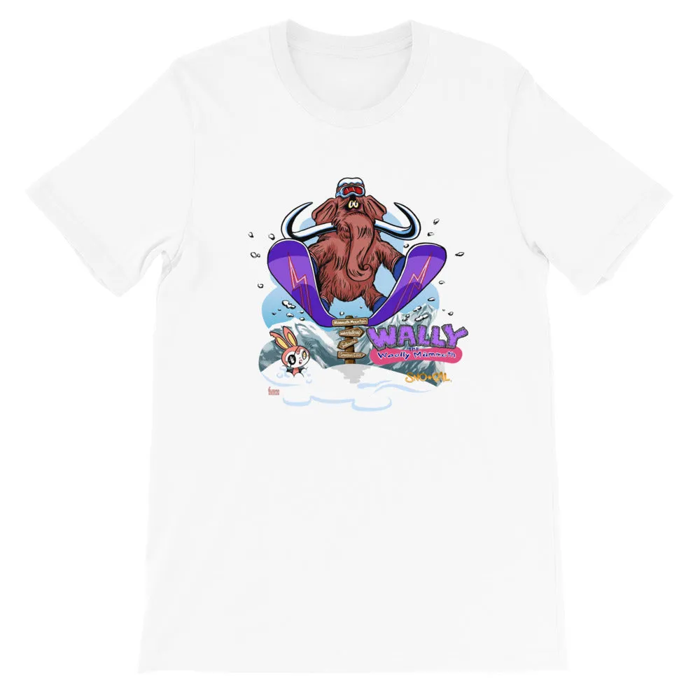 Wally launching over Mammoth sign shirt