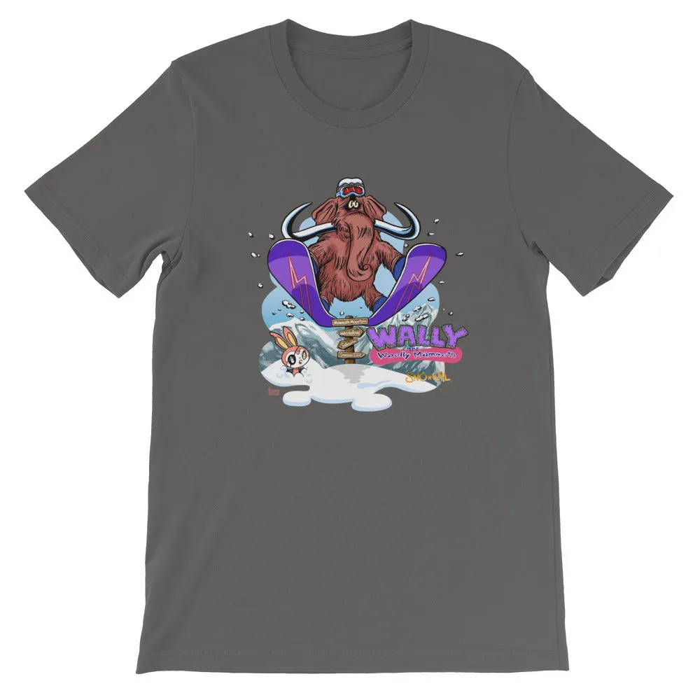 Wally launching over Mammoth sign shirt