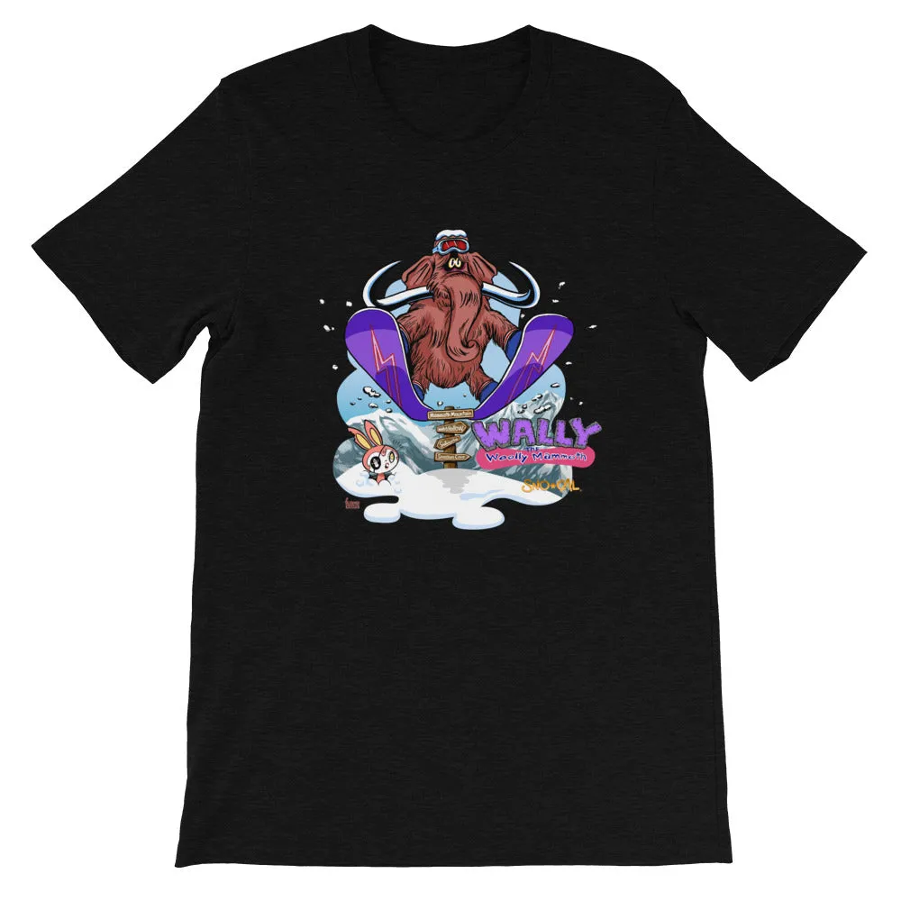Wally launching over Mammoth sign shirt