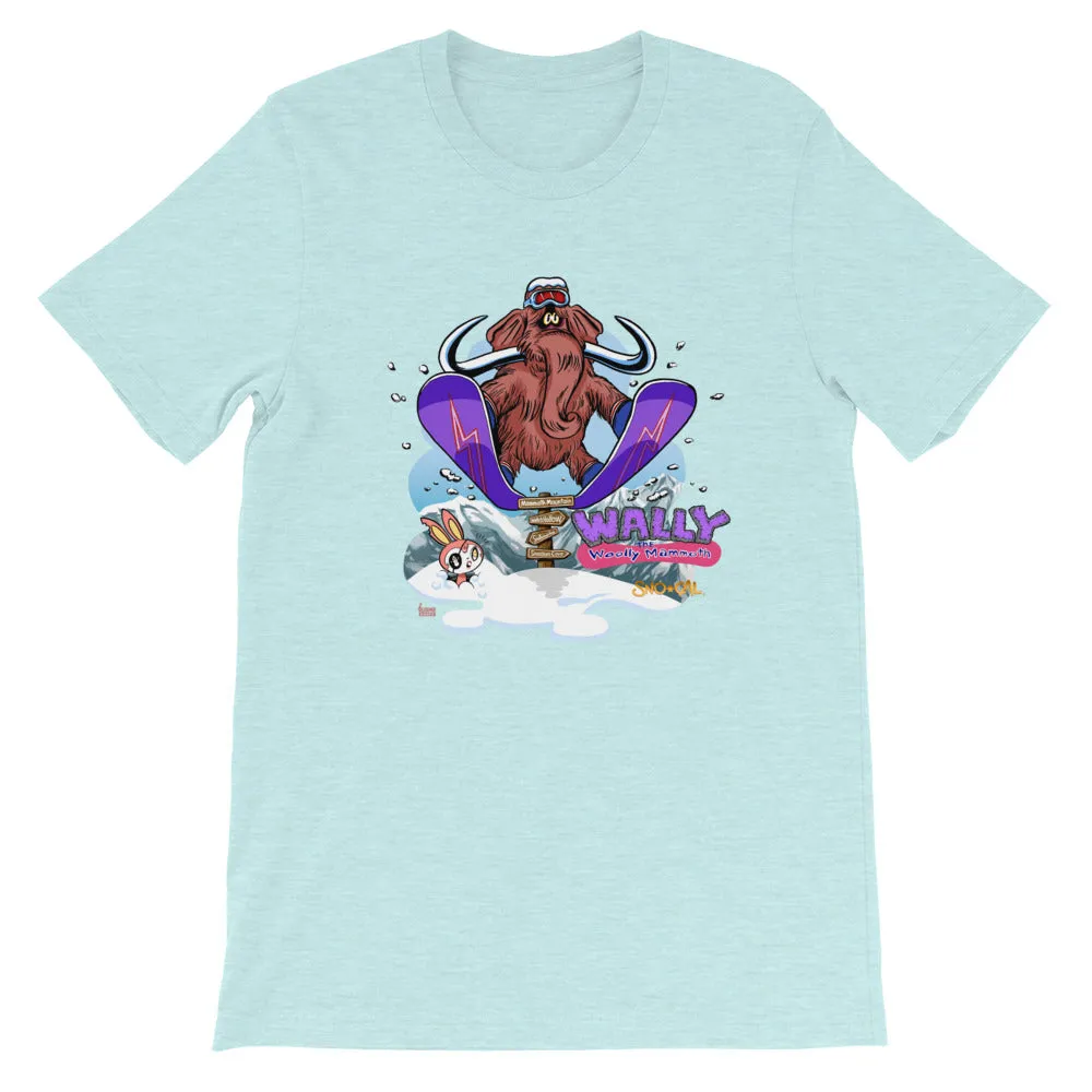 Wally launching over Mammoth sign shirt