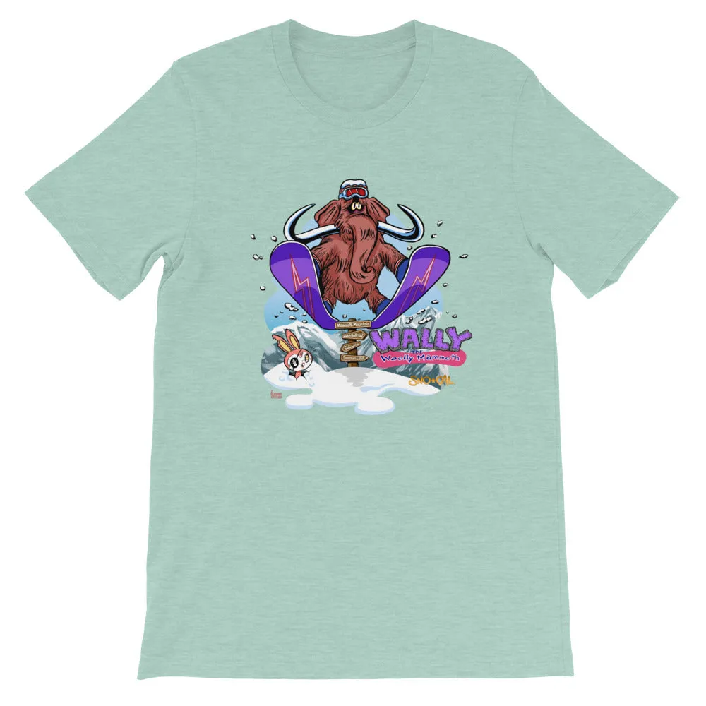 Wally launching over Mammoth sign shirt
