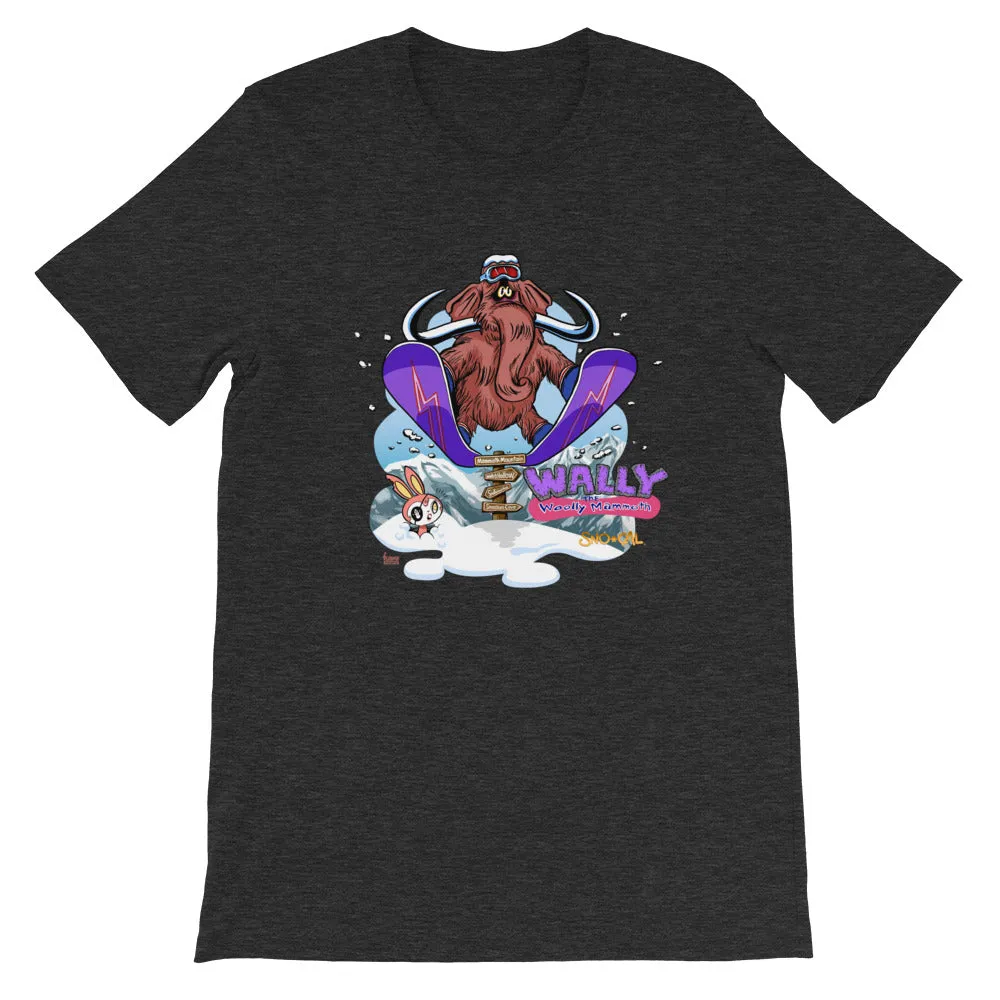 Wally launching over Mammoth sign shirt
