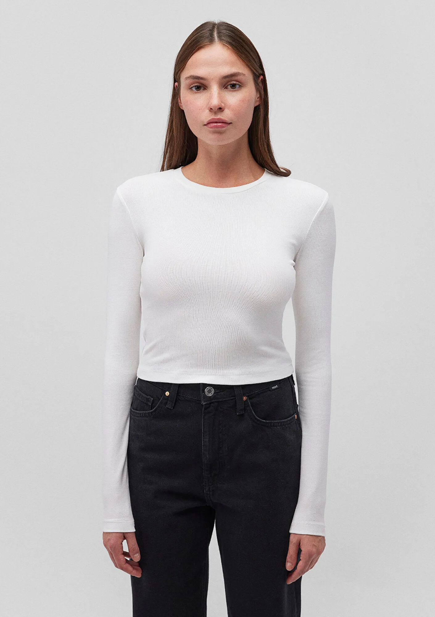 White Long Sleeve Crop Basic T-Shirt