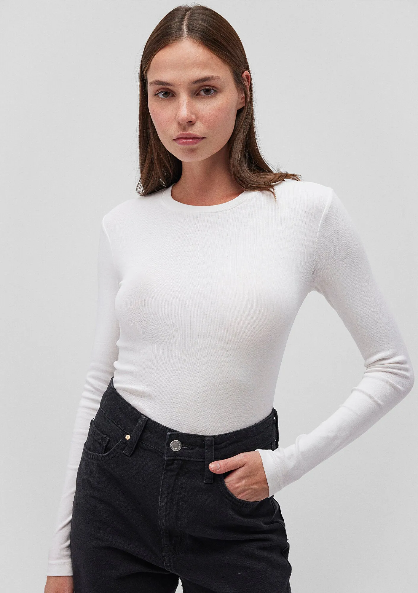 White Long Sleeve Crop Basic T-Shirt