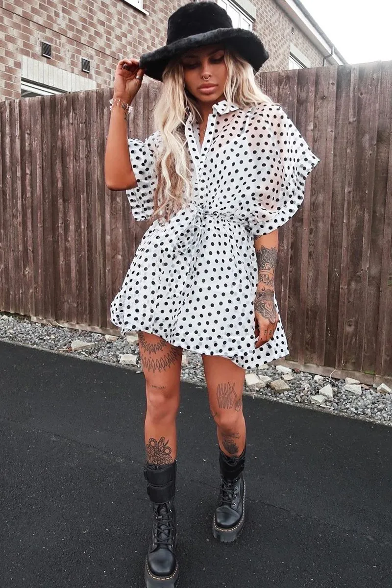 White Organza Polka Slip Insert Shirt Dress - Nathalia