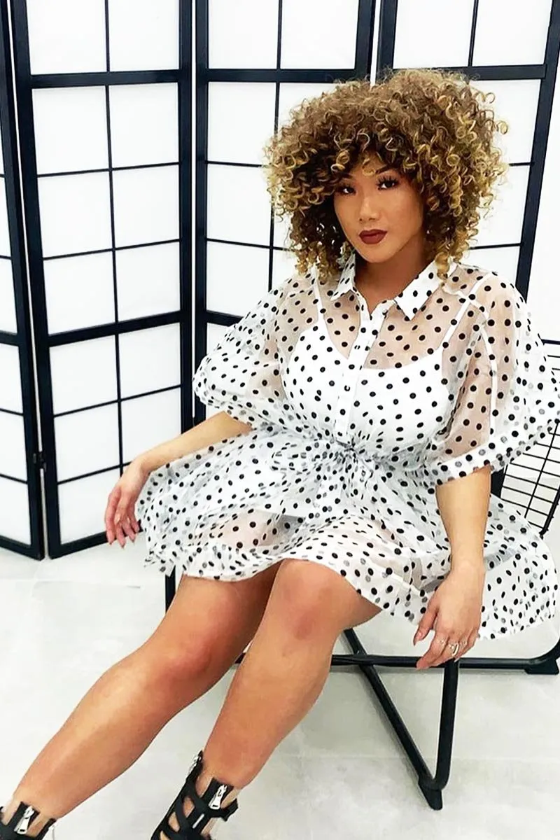 White Organza Polka Slip Insert Shirt Dress - Nathalia