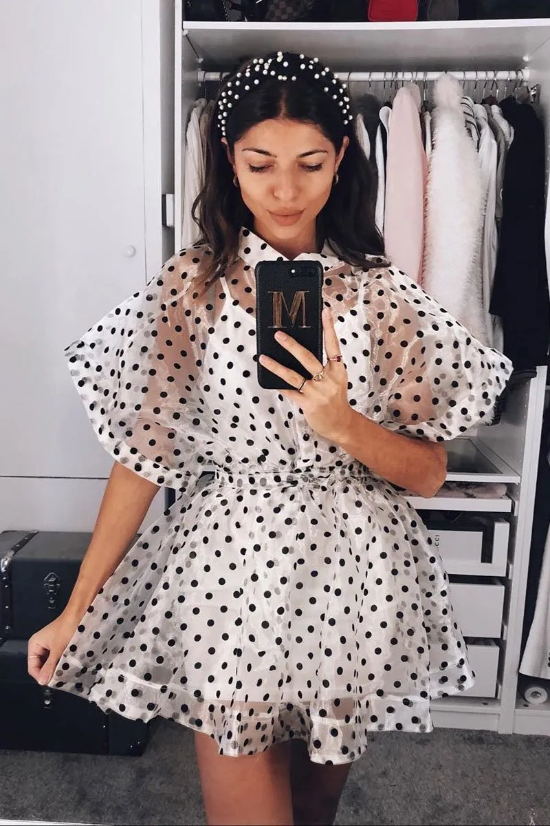White Organza Polka Slip Insert Shirt Dress - Nathalia