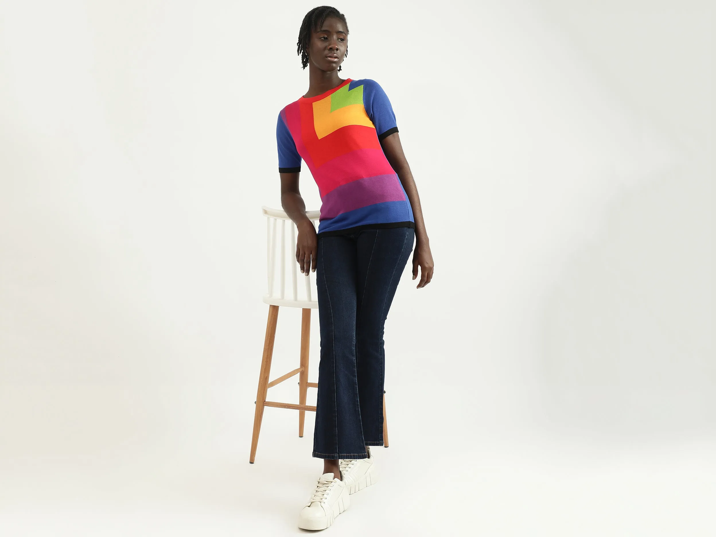 Women Color Blocked Round Neck T-shirt