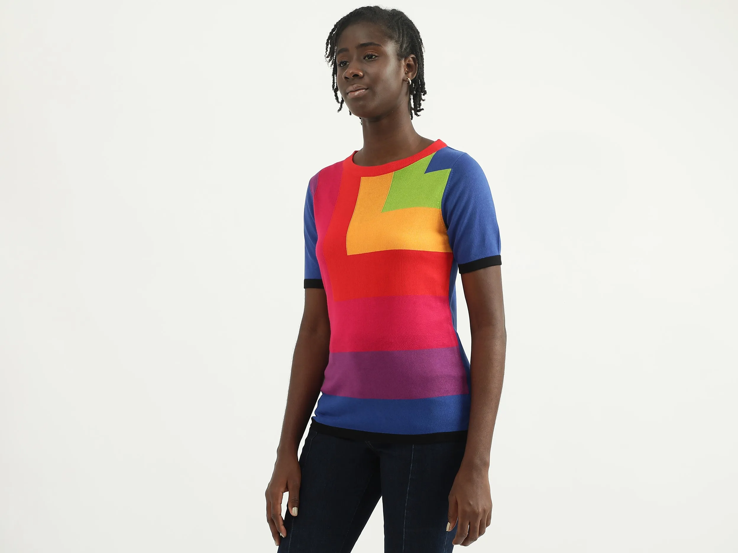 Women Color Blocked Round Neck T-shirt