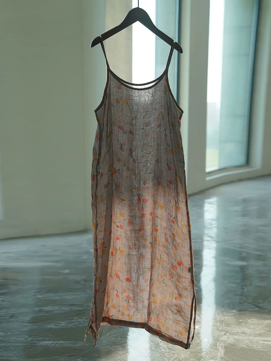 Women Summer Vintage Floral Thin Linen Vest Dress