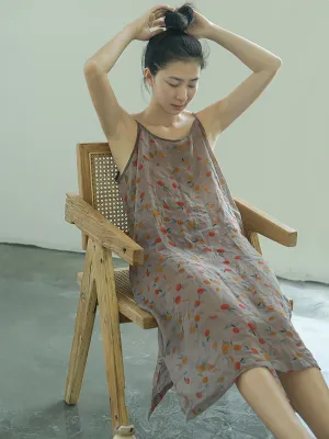 Women Summer Vintage Floral Thin Linen Vest Dress