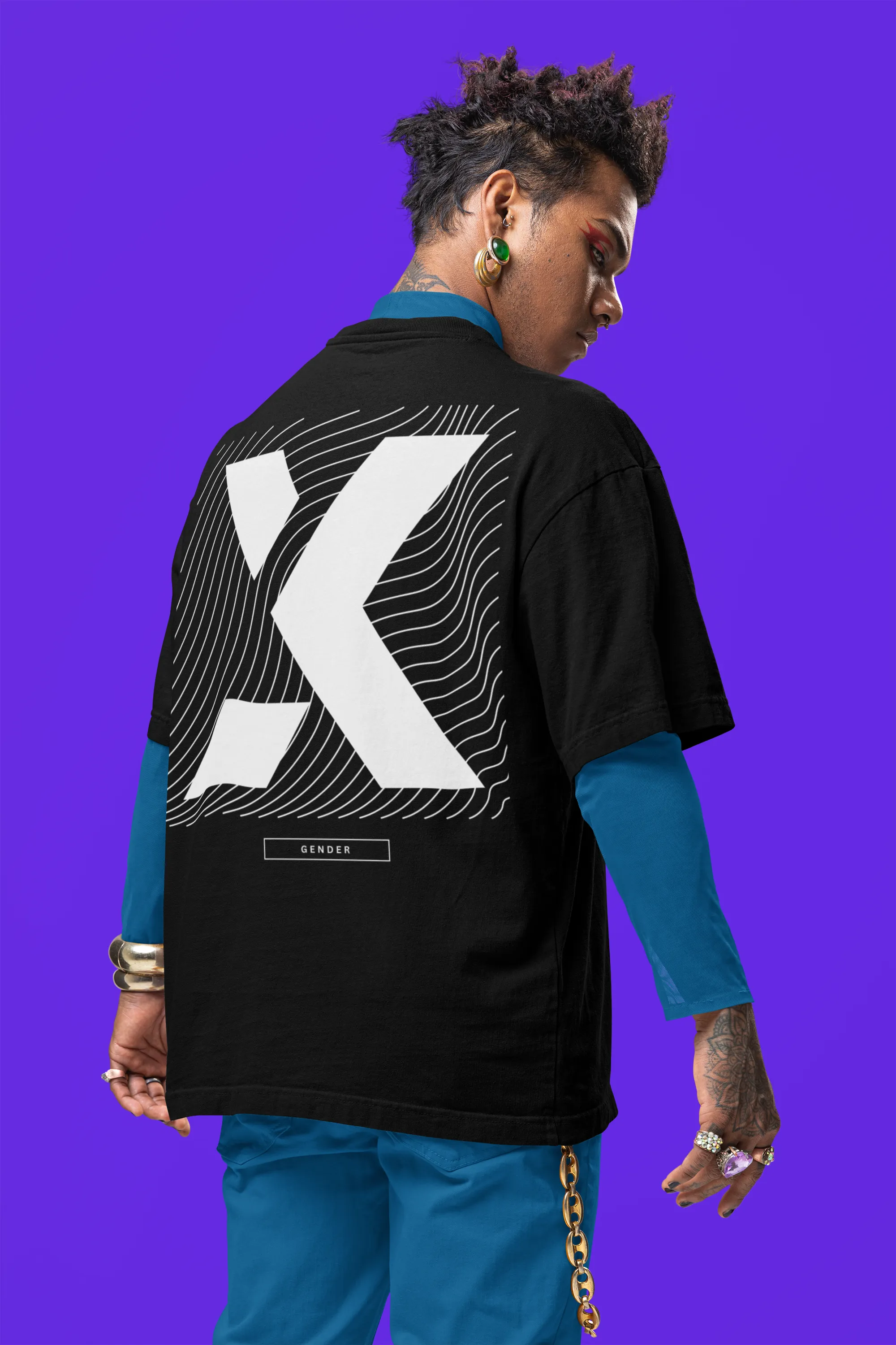 X Gender Graphic Tee Streetwear Fashion on Black Acid Wash Oversize T-Shirt - 250 GSM