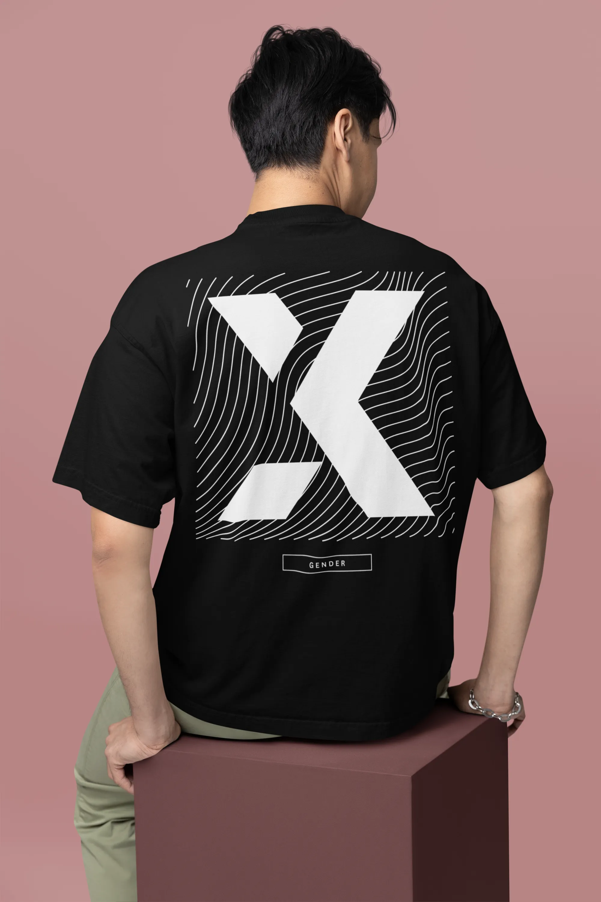 X Gender Graphic Tee Streetwear Fashion on Black Acid Wash Oversize T-Shirt - 250 GSM